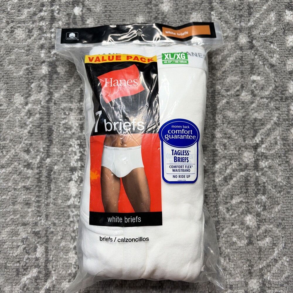 HANES 7 Pack Tagless Briefs NEW White Size XL 40"-42" Style 2252P7 Unopened